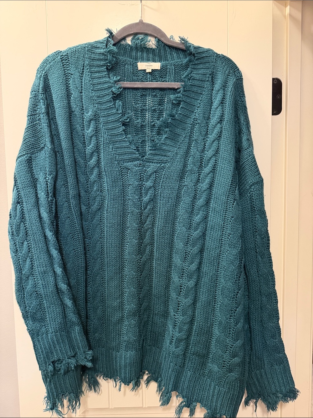 Entro Cable Knit Distressed V-Neck Sweater